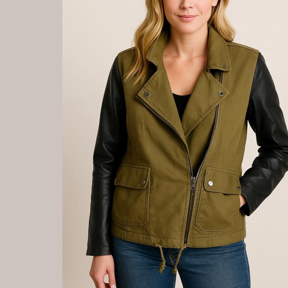 Aritzia Wilfred Rayder Cotton & Faux Leather Moto Cargo Jacket Green Black Sz M
